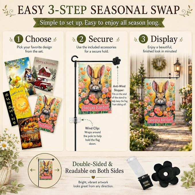 Seasonal Garden Flags Set of 10 for Outside, Yard Flags 12x18 inch Double Sided, Outdoor Small Garden Spring Summer with Anti-Wind Clip and Stopper, Holiday Lawn Decorative Decor Fall