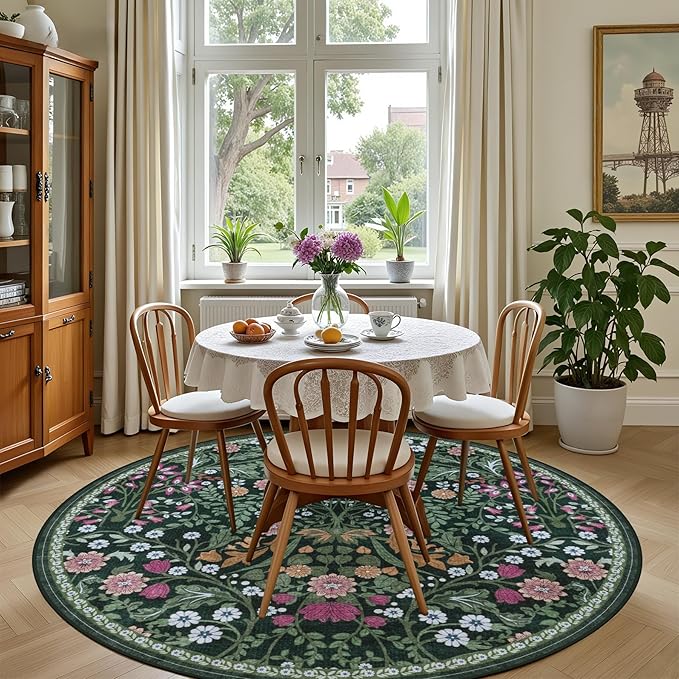 PLHXFR Round Area Rug Living Room: 6 ft Floral Washable Carpet Dark Green | For Bedroom Dining Room Farmhouse Nursery Hallway,Vintage Floral,Machine washable,Non Slip,Stain Resistant,Large Indoor
