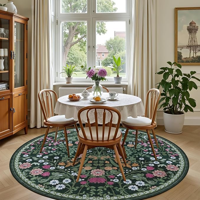 PLHXFR Round Area Rug Living Room: 4 ft Floral Washable Carpet Dark Green | For Bedroom Dining Room Farmhouse Nursery Hallway,Vintage Floral,Machine washable,Non Slip,Stain Resistant,Large Indoor