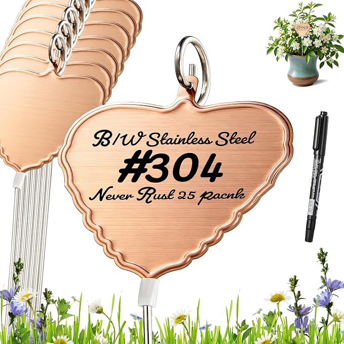 304 Stainless Steel Plant Labels, 25-Pack Weatherproof Metal Garden Markers with 11" Tall Stakes, Reusable Plant Tags for Herbs Vegetables Flowers, Large Writing Area, Easy-Read Angled Design