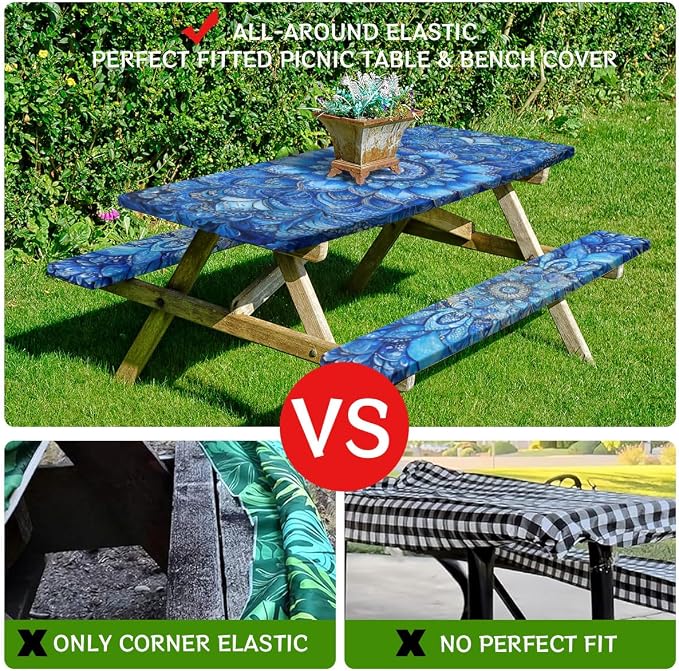 Blue Mandala Picnic Table Cover with Bench Covers and Carrying Bag, Vintage Boho Floral Rectangle Table Cover Outdoor Patio Camping Essentials 72 inch 4PCS Camping Fitted Tablecloth