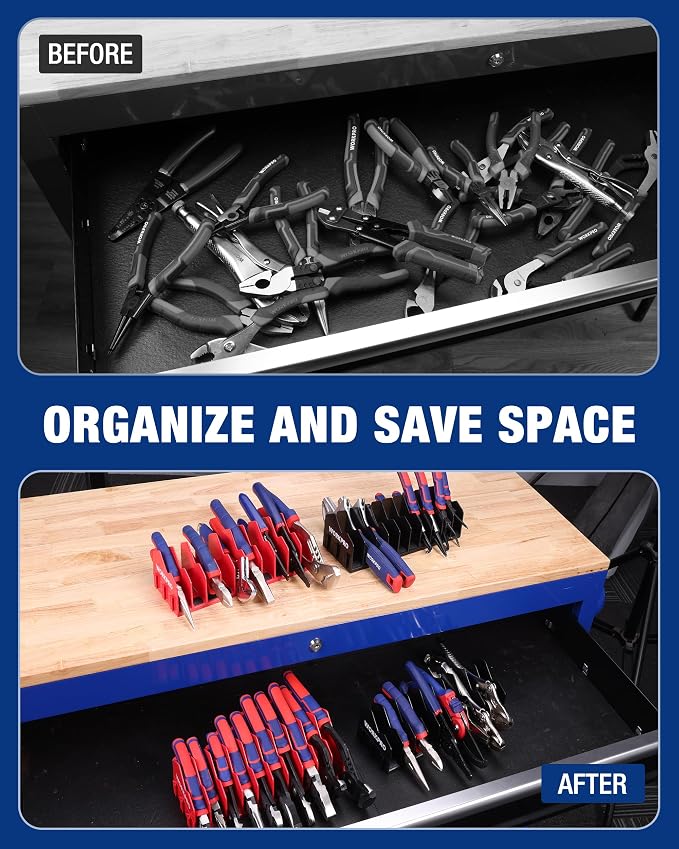 WORKPRO 4-Pack Plier Organizer Rack, 40-Slot Tool Organizer and Storage | Large Capacity Plier Holder, Non-Slip Rubber Base, High-Strength Plastic, Extendable Tool Box Organizer, Pliers Not Included