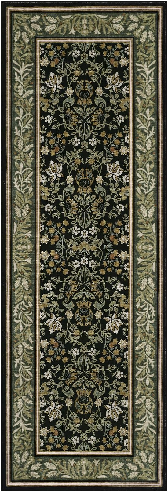 GarveeHome 2x6 Runner Rug Non Slip Washable Runners for Hallway Green Black | Boho Vintage Runner Rugs with Rubber Backing Soft Low-Pile Stain Resistant Indoor Long Carpet for Kitchen Entryway Bedroom