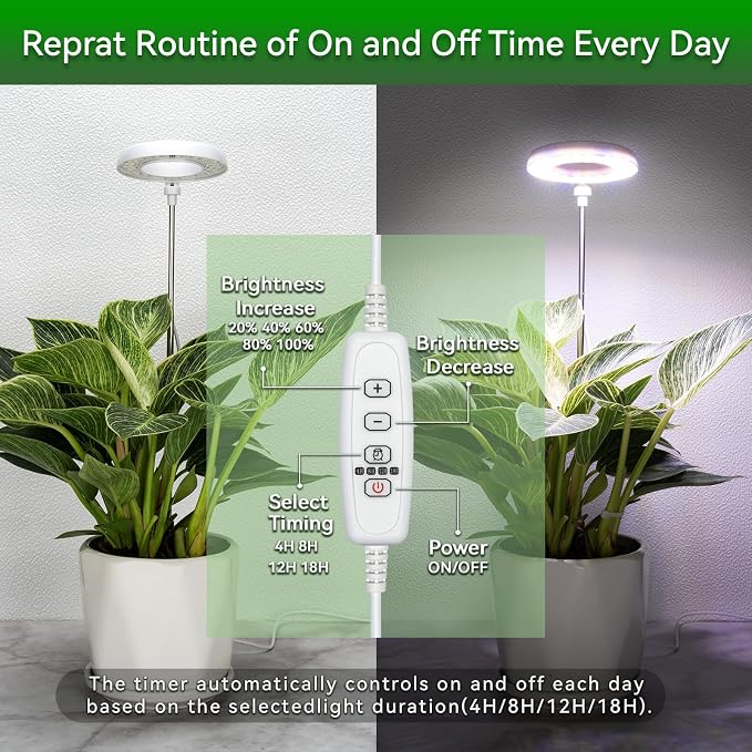 Grow Light for Indoor Plants, Full Spectrum 48LEDs Small Grow Light, Plant Light Super Bright with 4/8/12/18H Auto Timer, Dimmable, Adjustable Height 7"-17", Halo Φ3.5, Power Cord 78", Plug Included