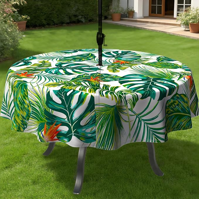 Green Leaves Outdoor Tablecloth with Umbrella Hole 60" x 60" Waterproof Zipper Table Cloth for Patio Table - Ideal Tablecloths for Picnics, Camping, and Yard Use