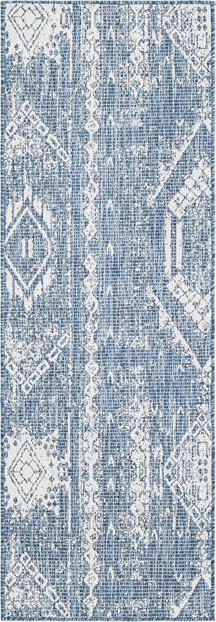 Unique Loom Outdoor Bohemian Collection Area Rug - Anthro (2' x 6' 1" Runner, Blue/ Ivory)