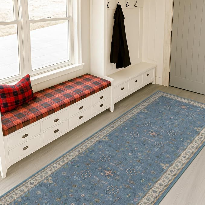 Light Blue 2x8 Long Washable Runner for Hallway - Boho Non Slip Door Mats Indoor Entrance, Vintage Floral Runner Rugs for Kitchen Non Skid, Low Pile & Soft Indoor Décor