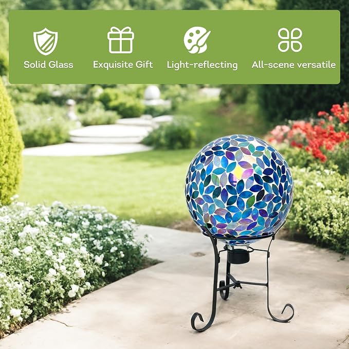 Lily's Home Colorful Mosaic Glass Gazing Ball, Designed with a Stunning Holographic Petal Mosaic Pattern to Bring Color to Any Home and Garden, Blue (10" Diameter)