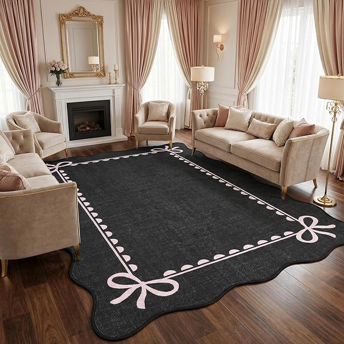 GarveeHome Scalloped Bow Rug 5x7 Washable Rug for Living Room, Black Pink | Non Slip Soft Low Pile Indoor Carpet for Nursery Girls Bedroom Decor Hallway Kids Room College Dorm Playroom
