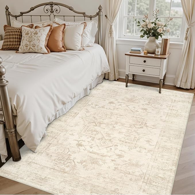 3x5 Area Rugs Living Room: Bedroom Washable Carpet Beige/Brown | Large Vintage Boho Indoor Decor Neutral Soft Nursery Farmhouse Dining Room Office Floor Non-Slip Low Pile Under Table Rug