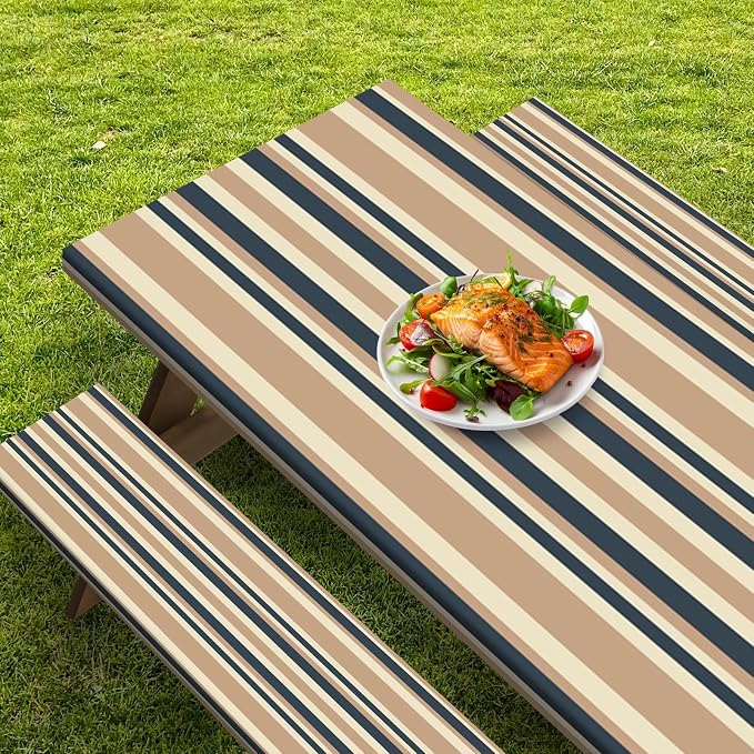 Picnic Table Cover with Bench Covers Elastic Edges, Mountain Camper Fitted Table Cover, Outdoor Patio Camping Essentials 72 Inch 3PCS, Waterproof Camping Fitted Tablecloth with Drawstring Bag