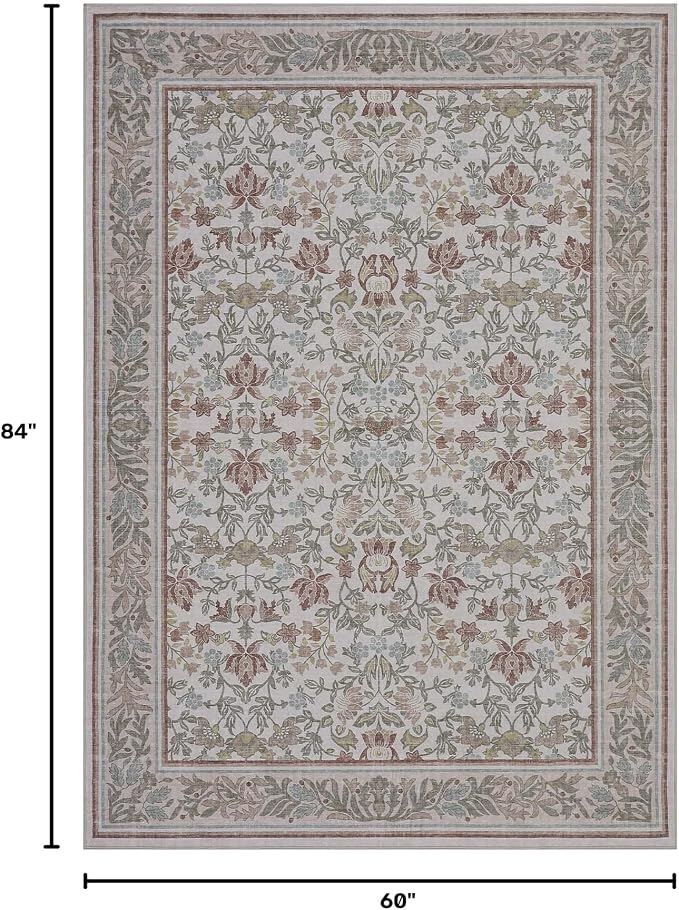 GarveeHome Washable 5x7 Area Rugs for Living Room Bedroom Beige Pink | Boho Vintage Non Slip Soft Low Pile Stain Resistant Indoor Carpet for Farmhouse Dining Room Nursery Home Office