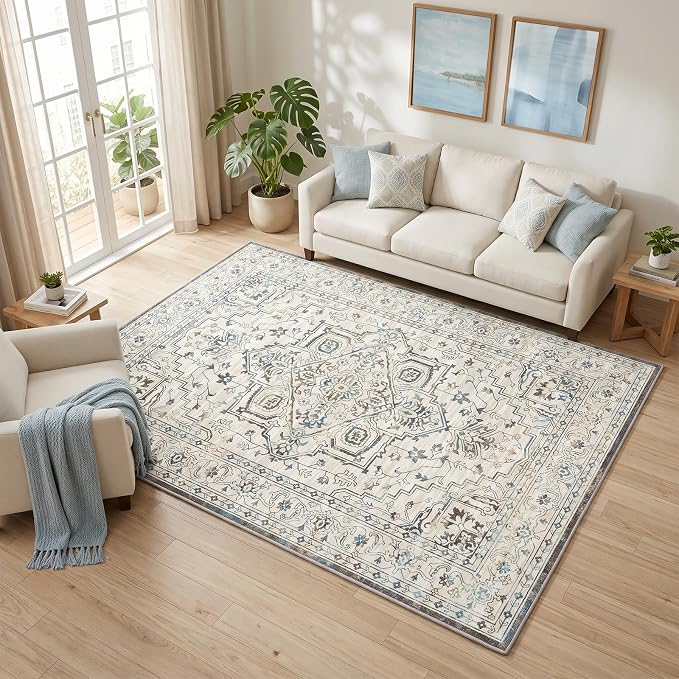 Vintage Washable Area Rug 5x7, Non-Slip Low-Pile Elegant Persian Carpet for Living Room Bedroom Office Dining Room, Stain Resistant Traditional Indoor Rug, Neutral Cream Blue