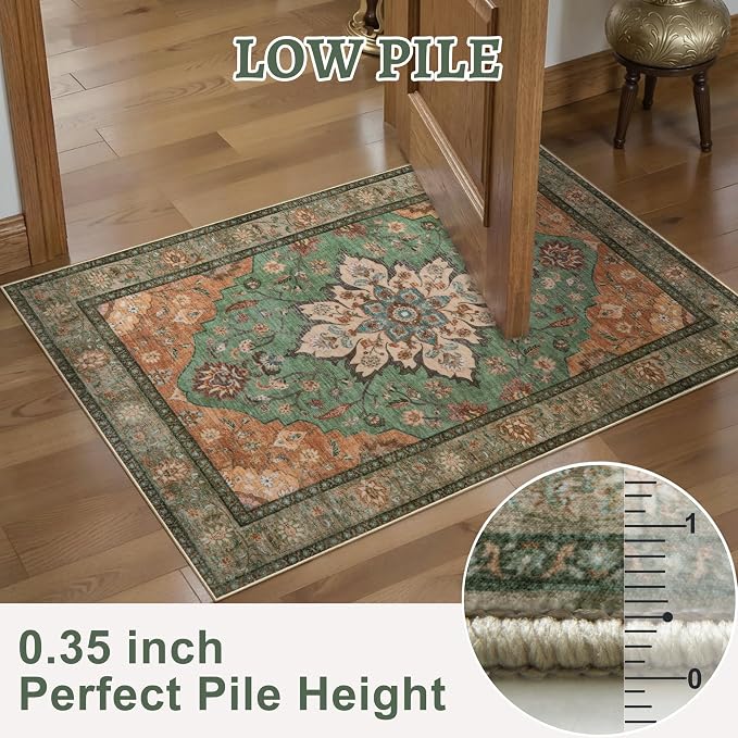 Tangsoo 2x5 Washable Runner Rug for Hallways, Vintage Non Slip Rug Runner | Vintage Soft Low Pile Rug Runner, Oriental Print Carpet Runners for Entryway Kitchen Bedroom Bathroom Living Room Tan/Green