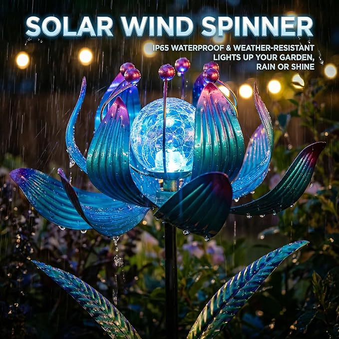 38 Inch Solar Wind Spinner Outdoor, Kinetic Lotus Yard Art with Glass Light | Glowing Crackle Glass Light And 360° Spinning Lotus Petals Create Vibrant Garden Decor For Patios, Lawns And Pathways