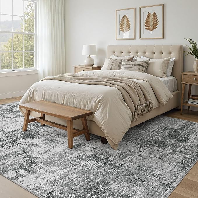 UERMEI 10x12 Area Rug for Living Room - Washable Neutral Modern Abstract Carpet, Non-Slip Soft Large Indoor Floor Rugs for Bedroom Home Office & Under Dining Table Decor, Grey Black
