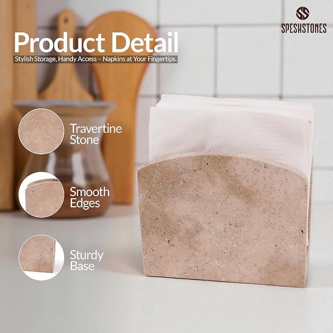 Marble Napkin Holder 6.5 Inch Handmade Travertine Napkin Holder for Table - Stone Paper Napkins Organizer for Kitchen Countertop & Bathroom Decor