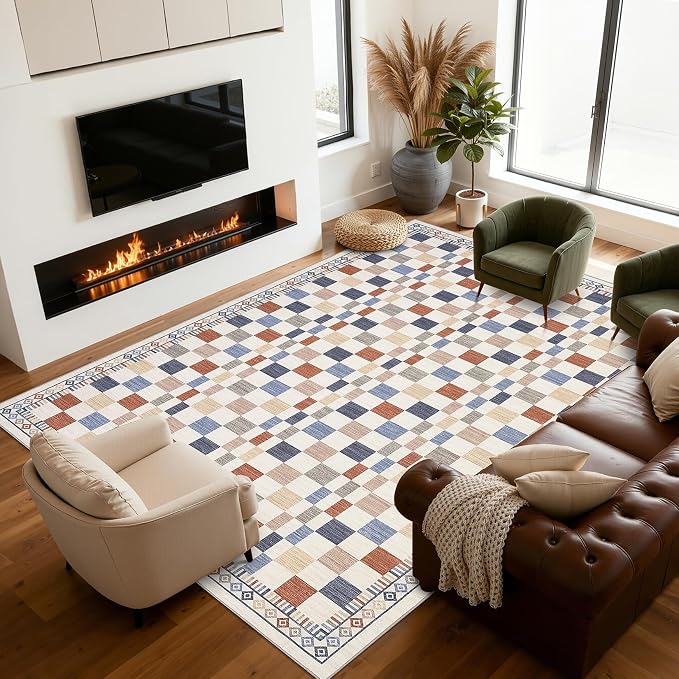 GarveeHome 9x12 Area Rug for Living Room Machine Washable Non-Slip Low Pile | Throw Floor Carpet Modern Abstract Checkered Rugs Contemporary Multi-Color Playroom Area Rug for Bedroom Kids Room