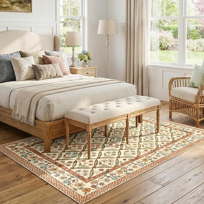 jinchan 5x7 Vintage Floral Washable Living Room Area Rug, Terracotta | Soft & Lightweight, Checkered Floral, Low Pile, Non Slip, Bedroom, Dining Room, Girls Room, Home Office, Cottage Decor