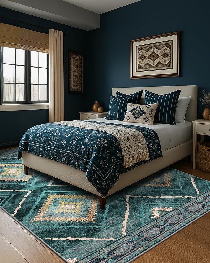 5'x7' Washable Area Rug for Living Room Bedroom Teal/Green | Soft Western No Slip Low Pile Print Foldable Indoor for Kitchen Dining Room