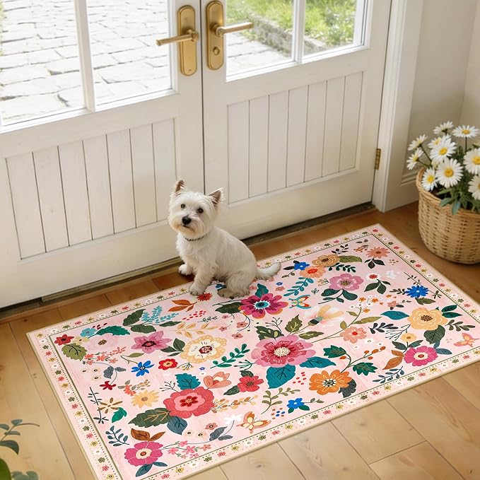 Floral Washable 2x4 Area Rugs Runner Entryway Hallway Pink | Flower Carpet, Print, Boho, Non-Slip, Easy to Clean, Low Pile, Soft, for Living Room Bedroom Kitchen Office Entrance