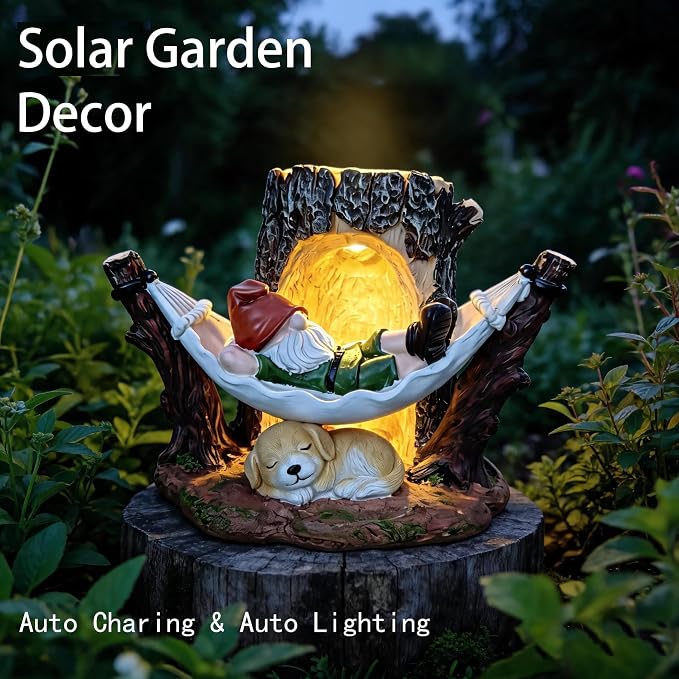 8.6" Gnome Solar Garden Decor Outdoor Statue with Light | Resin Weatherproof Yard Patio Decoration Gift Idea for Mom Dad