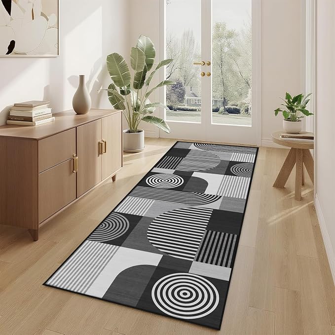Grey Geometric 2x6 Runner Rug for Hallway Kitchen Bedroom Black White Mid Century Modern Machine Washable Rug Non Slip Low Pile Gray Minimalist Runner Rugs Long Floor Mat Carpet for Laundry