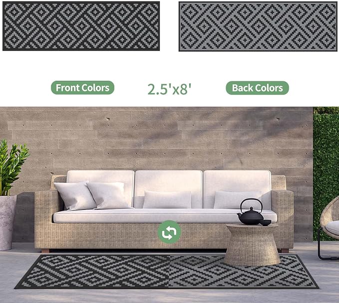 GENIMO Outdoor Rugs 2.5'x8' Waterproof, Reversible Mats, Outdoor Area Rug, Plastic Outside Carpet, Eeometric Rv Mat for Patio Camping Rv Picnic Backyard Deck Balcony Porch Beach (Black & Grey)