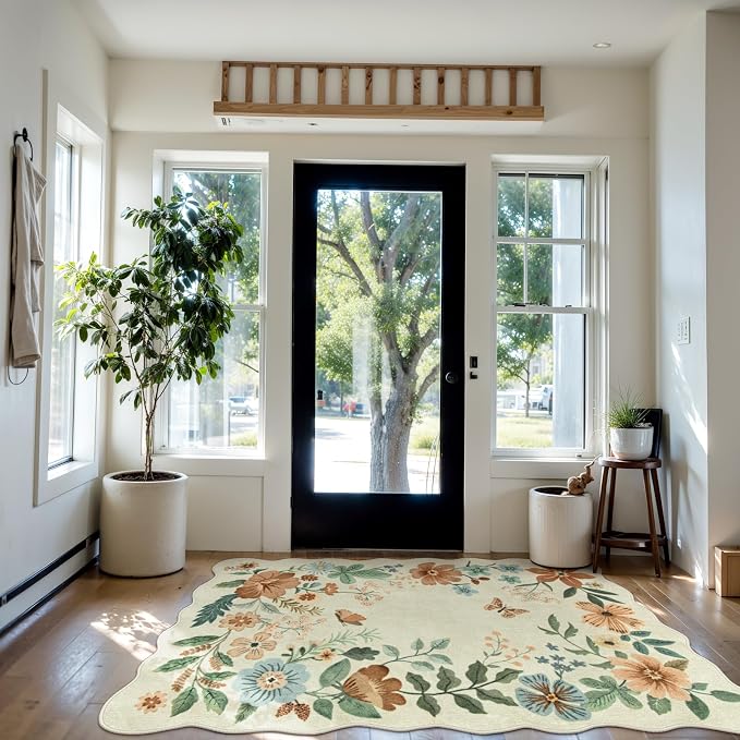 Lahome Floral Bedroom Rug, 4x6 Washable Rugs for Living Room Dining Room | Non Slip Ultra-Thin Stain Resistant Boho Throw Carpet for Office Flore (4x6ft, Beige)