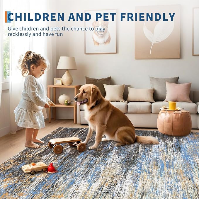 ROYHOME Washable Rug 9x12 Area Rug for Living Room, Blue/Brwon | Non Slip Abstract Rug for Bedroom, Ultra Soft Area Rug, Low Pile Soft Contemporary Indoor Floor Carpet Cover