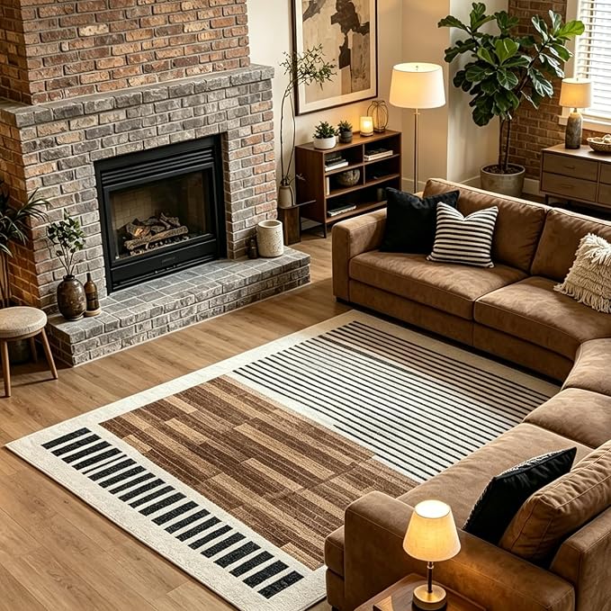 8x10 Washable Area Rug for Living Room, Modern Abstract, White Brown Black | Geometric Striped Color Block, Ivory Low Pile Non Slip Rug for Bedroom Dining Room Office, Farmhouse Decor