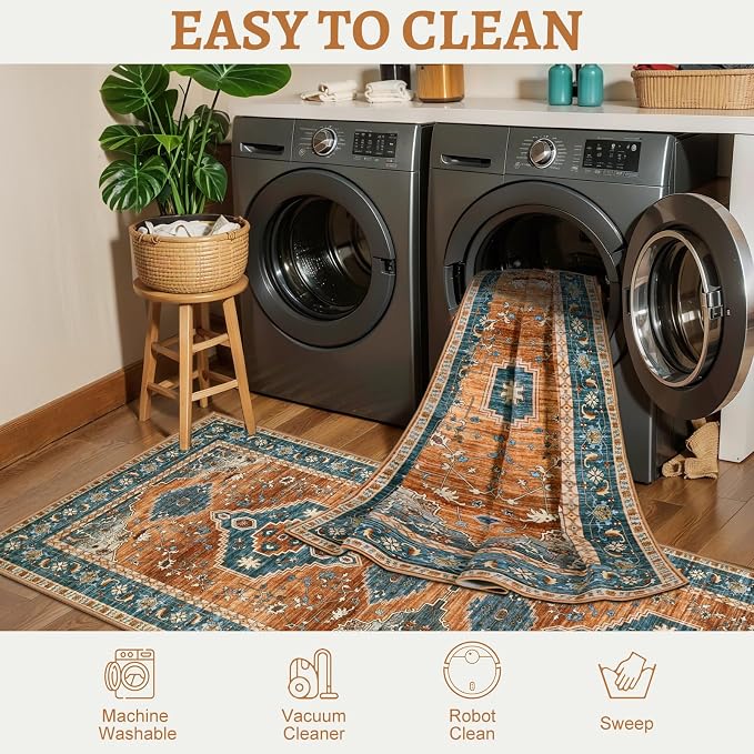Tangsoo Oriental 2x3 Washable Rugs for Entryway, Non Slip Small Area Rug | Vintage Indoor Front Door Rug, Boho Door Mat Carpet, Soft Low Pile Throw Rugs for Entrance Entry Kitchen Bedroom Orange/Blue