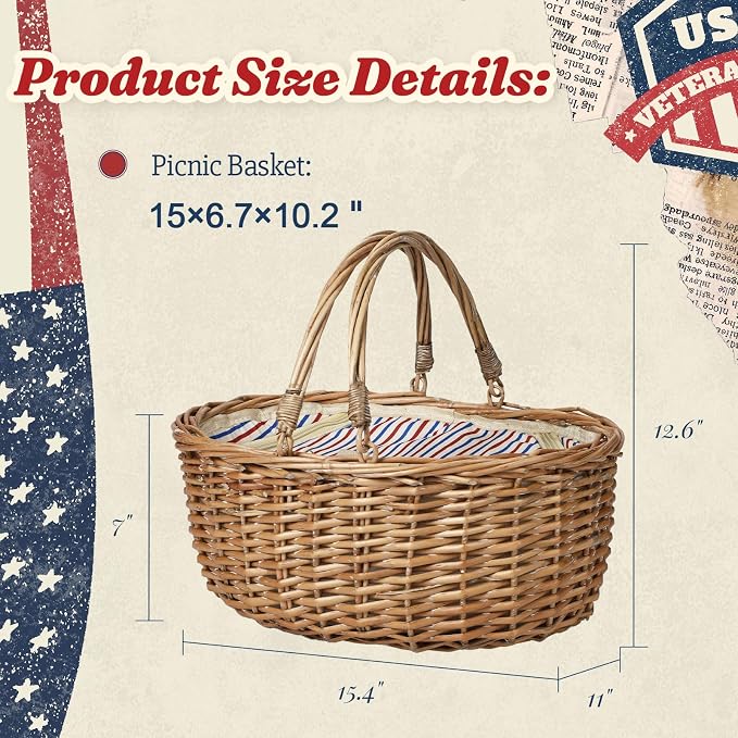 Wicker Picnic Basket with Insulated Lined Bag 15“ x 11” x 7“ Red, White,Blue Star Stripe Pattern, Iced Beer Insulated Bag for Camping, Picnics, Birthday Gifts, Wedding Gifts