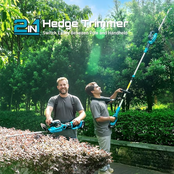 SEESII Pole & Cordless Hedge Trimmer 2-in-1: Electric Bush Trimmer with 20" Dual-Action Blade - 2 x 4000mAh Batteries, Telescopic Pole, Adjustable Rotating Head, Handheld Hedge Cutter for Tree Shrubs