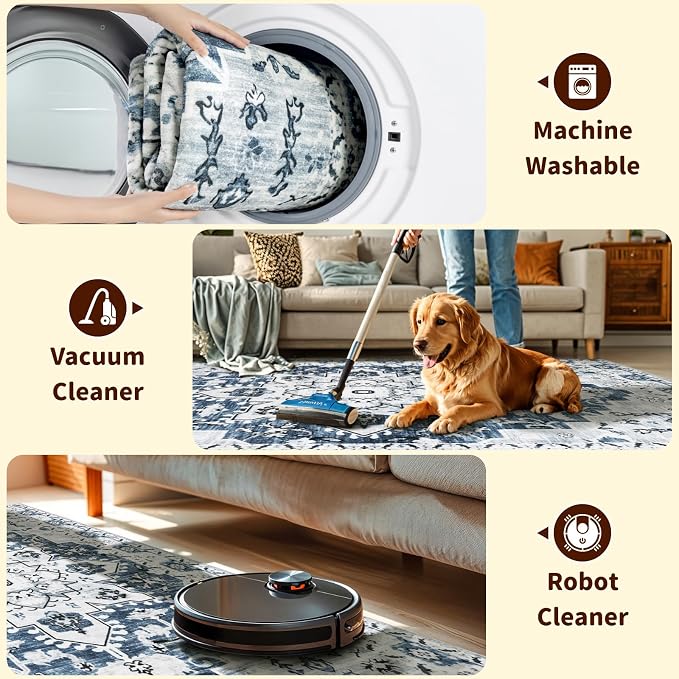 LBRO2M Machine Washable Rug Soft Pet Friendly Carpet 5X7 Blue | Persian Rug 5X7 for Living Room, Bedroom, Dining Room, Home Office, Non Slip Carpet, Foldable Stain Resistant Rugs