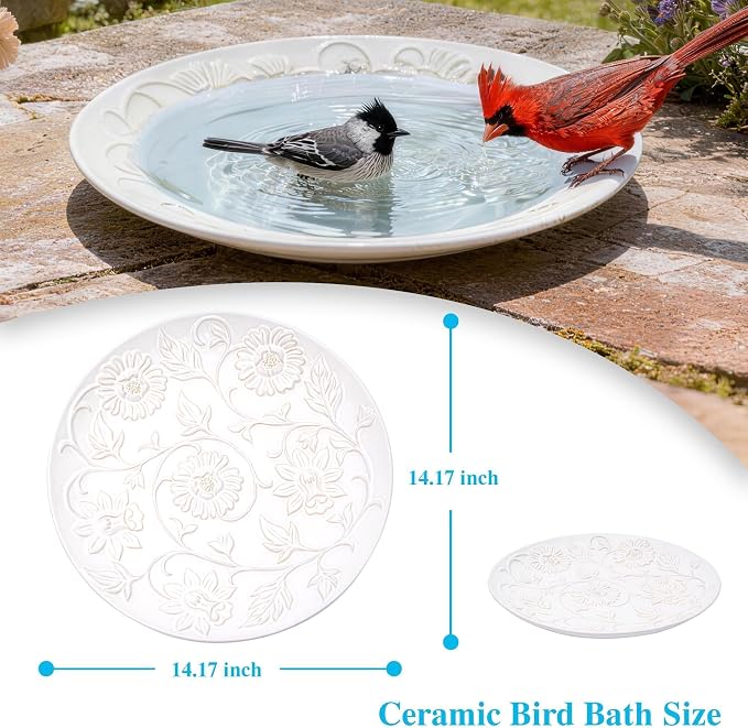 Topadorn Ceramic Bird Bath Bowl for Outdoors, 14.17" Decorative Bird Bath with Embossed Floral Design, Tabletop Birdbath for Garden, Patio, Deck & Balcony