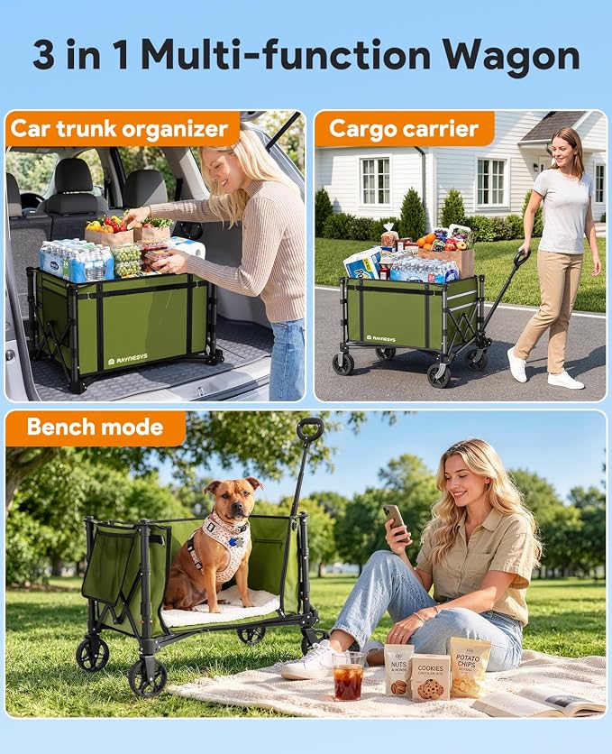 Raynesys Collapsible Wagon Cart with Wheels 220lbs Foldable Wagon 120L Shopping Cart for Groceries Folding Utility Wagon for Beach, Garden, Camping, Sport, Wheelbarrows, Green