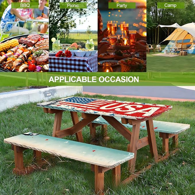 Patriotic USA Picnic Table Cover with Bench Covers Set of 3 - American Flag and Butterfly Pattern, Elastic Fitted Tablecloth for 6 Ft Tables, Washable Polyester Cover for Patio, Indoor & Outdoor
