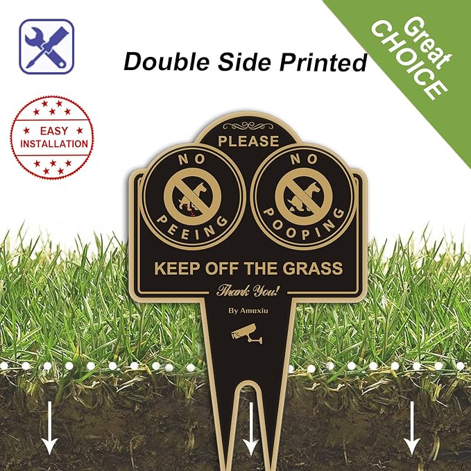 Amexiu No Dog Pooping Peeing Sign, Keep Dog off Grass Yard Lawn Sign, Double Sided 15 x 9.5 X 0.08 Inches Rust Free, Easy Mounting Durable Ink Black Gold Color, 2 Pack