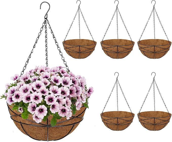 6 Pack 12 inch Metal Hanging Baskets for Plants Outdoor Metal Wire Hanging Basket Planter with Coco Fiber Liners Flower Pots for Home Porch Garden Patio, Diamond-Shaped