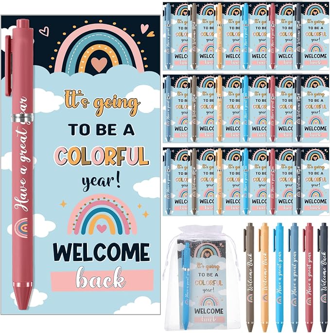 Marspark 30 Set Boho Welcome Back to School Gifts Bulk Rainbow Ballpoint Pens and Greeting Cards Set with Bags Twist Ties First Day of School Gifts for Teacher Student Classroom Party Favors Supplies