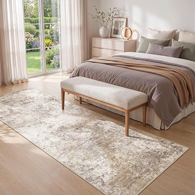 Nakagishi 3x8 Abstract Washable Area Rugs for Entryway-Golden Brown | Modern Non-Slip Silicone Backing Low Pile Soft Carpet for Bedroom Dining Decor for Families with Kids and Pets
