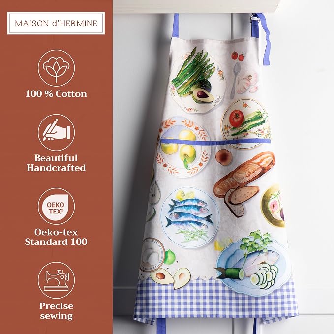Maison d' Hermine Aprons for women with Pocket 100% Cotton (27.50"x31.50") | Adjustable Neck Strap & long ties Apron Men Chef Wedding Cooking Gardening Server Maid