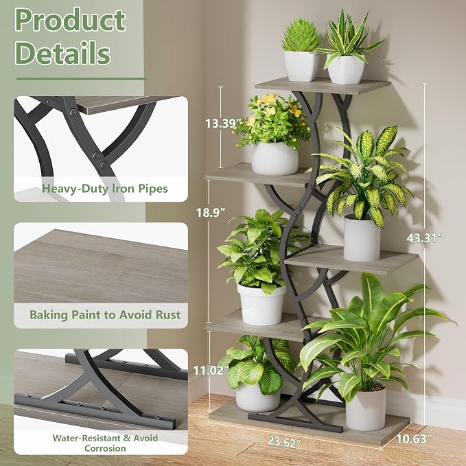 Plant Stand Indoor with Grow Lights - 44" Tall Corner Plant Stands for Indoor Plants, 5 Tiered Metal Plant Shelf, Curved Plant Flower Holder Dispaly Rack for Living Room, Home Patio Balcony (Gray)