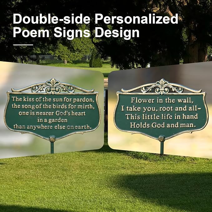 Garden Signs for Outside, "The Kiss of The Sun" Double-Sided Vintage Green Poem Plaque with Stake, Aluminum Outdoor Garden Sign for Patio Yard Lawn Backyard Porch Decor