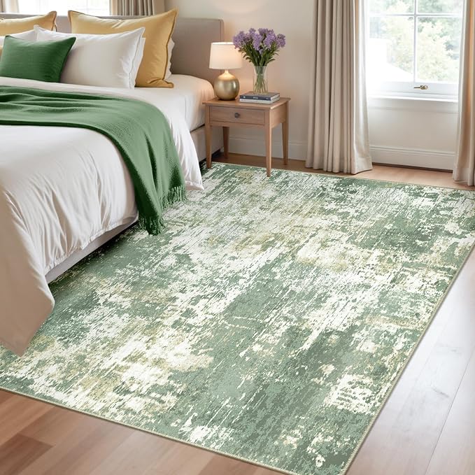 RELEANY Washable 4'x6' Abstract Area Rug for Living Room Light Green | Carpet for Bedroom, Kitchen, Office, Hallway and Entryway, Printed Pattern, Non‑Slip, Soft, Stain‑Resistant, Easy to Clean
