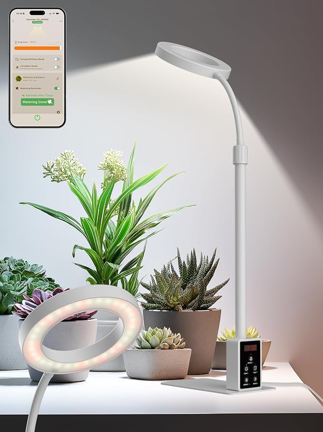 Smart Grow Lights for Indoor Plants, Plant Light with Auto-Timer, Full Spectrum LED Grow Light, Adjustable Height & Stepless Dimming,Plant Assistant Suitable for Most Plants (White-1)