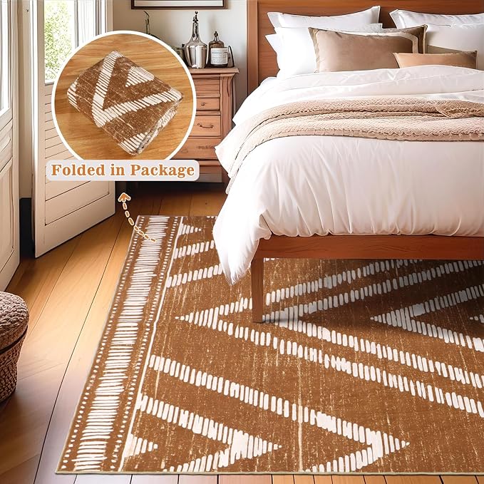 Boho Washable Area Rugs 6x9ft, Moroccan Soft Brown Living Room Nursery Rugs Non Slip, Low Pile Large Bedroom Floor Carpets for Dining Room Bathroom Office Farmhouse