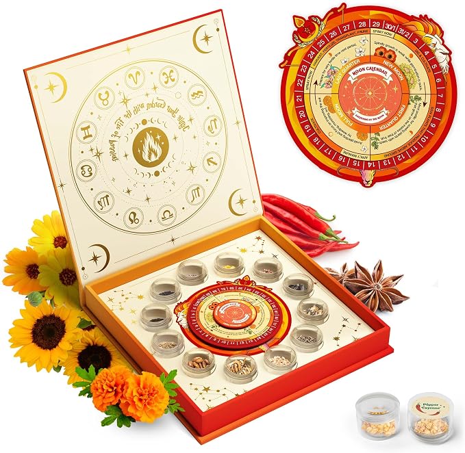Lush&Dew Zodiac Garden Seed Bank Fire Signs, Gardening Gifts for Women Men | 12 Varieties USA-Sourced Non-GMO Heirloom Vegetable Flower Seed Kit, Handcraft Storage Box with Moon Calendar, USDA Zone 3-11