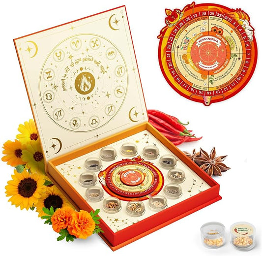 Lush&Dew Zodiac Garden Seed Bank Fire Signs, Gardening Gifts for Women Men | 12 Varieties USA-Sourced Non-GMO Heirloom Vegetable Flower Seed Kit, Handcraft Storage Box with Moon Calendar, USDA Zone 3-11